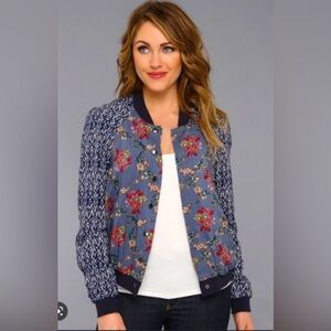 Free People Floral Printed Baseball Jacket‎ In Indigo Blue Sz Small Snaps Boho
